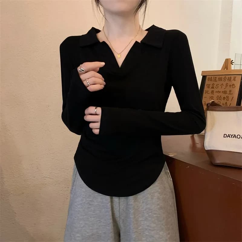 40 95 면 5 암모니아 Lun 210 그램 흔들어서 톤 품질 슬림해 보이는 표지 고기 POLO 칼라 긴팔 티셔츠 여성 빅 사이즈 m-4xl 이미지 4