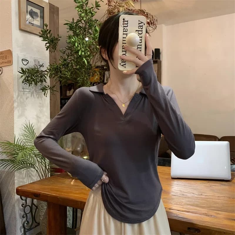 40 95 면 5 암모니아 Lun 210 그램 흔들어서 톤 품질 슬림해 보이는 표지 고기 POLO 칼라 긴팔 티셔츠 여성 빅 사이즈 m-4xl 상세 이미지 1