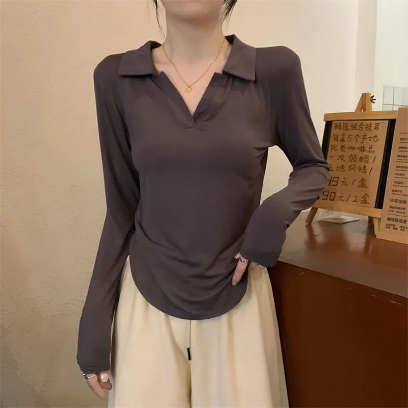 40 95 면 5 암모니아 Lun 210 그램 흔들어서 톤 품질 슬림해 보이는 표지 고기 POLO 칼라 긴팔 티셔츠 여성 빅 사이즈 m-4xl 상세 이미지 2