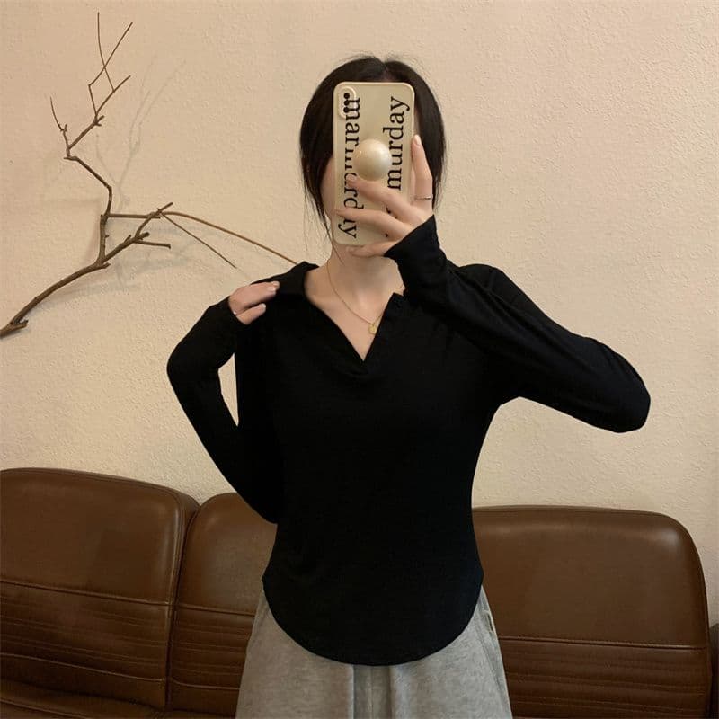 40 95 면 5 암모니아 Lun 210 그램 흔들어서 톤 품질 슬림해 보이는 표지 고기 POLO 칼라 긴팔 티셔츠 여성 빅 사이즈 m-4xl 상세 이미지 6