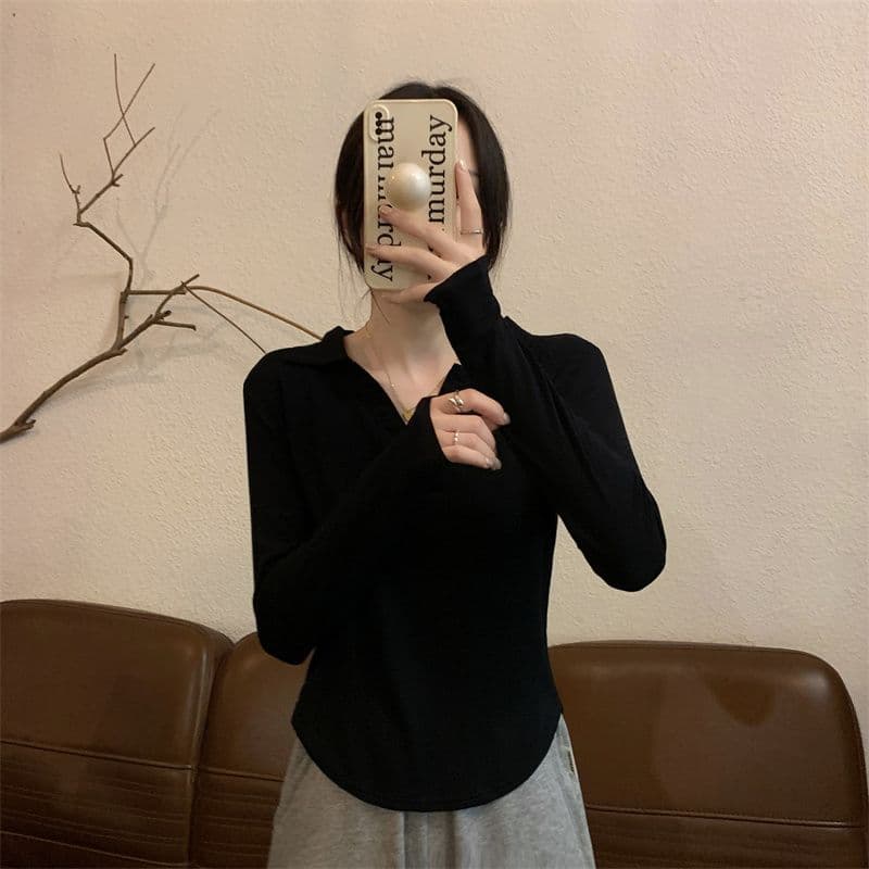 40 95 면 5 암모니아 Lun 210 그램 흔들어서 톤 품질 슬림해 보이는 표지 고기 POLO 칼라 긴팔 티셔츠 여성 빅 사이즈 m-4xl 상세 이미지 8