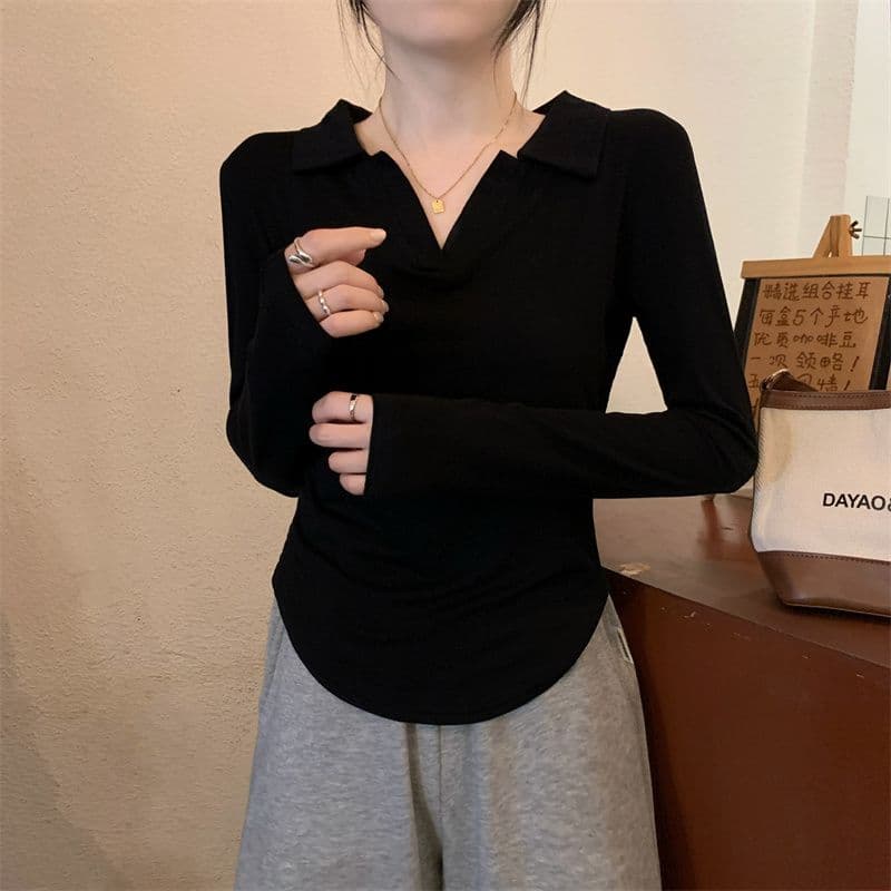 40 95 면 5 암모니아 Lun 210 그램 흔들어서 톤 품질 슬림해 보이는 표지 고기 POLO 칼라 긴팔 티셔츠 여성 빅 사이즈 m-4xl 상세 이미지 9