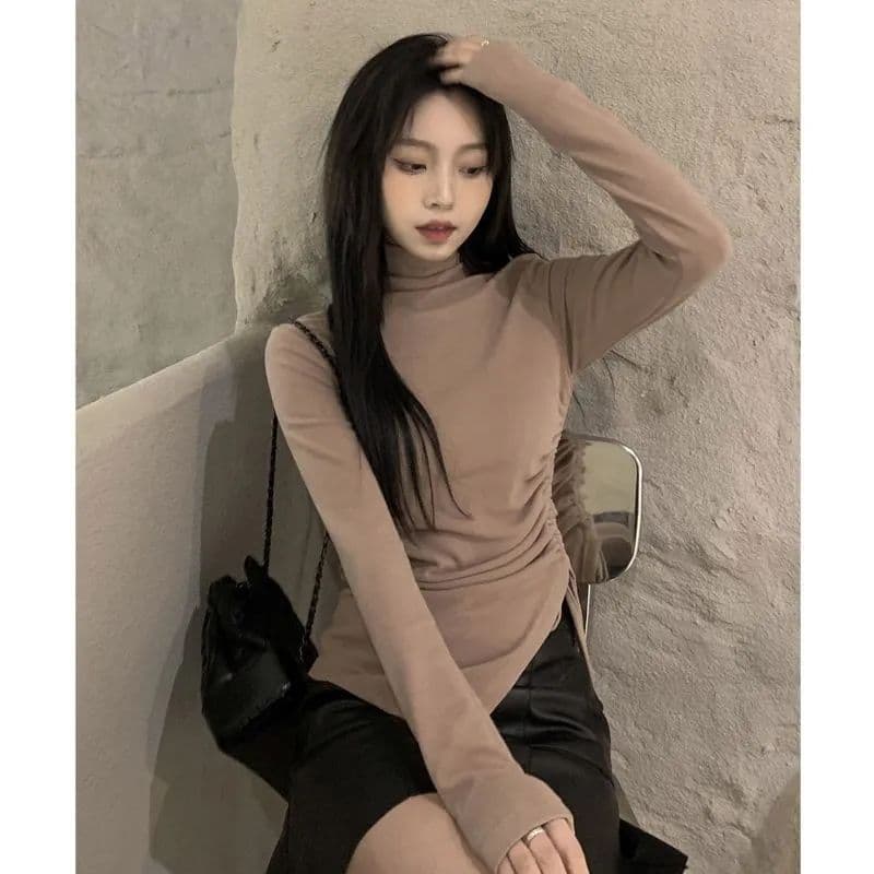 마이크로 지방 mm 양면 털이 있고 두꺼운 터틀넥 기본 셔츠 티셔츠 여성 디자인 센스 작은 대중 가을 겨울철 보온 맨위 ins 이미지 3