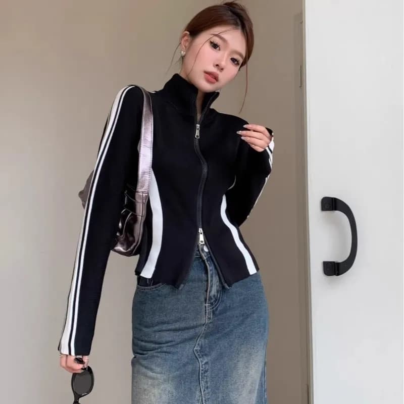 40 92 면 8 암모니아 Lun 흑인과 백인 패치워크 색상 지퍼 오픈 가디건 여성 가을 겨울 몸매 가꾸기 기본 셔츠 맨위 빅 사이즈 m-4xl