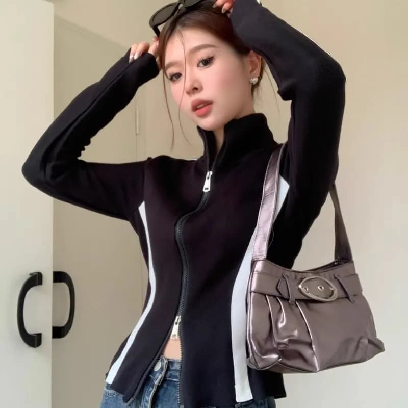 40 92 면 8 암모니아 Lun 흑인과 백인 패치워크 색상 지퍼 오픈 가디건 여성 가을 겨울 몸매 가꾸기 기본 셔츠 맨위 빅 사이즈 m-4xl 이미지 2