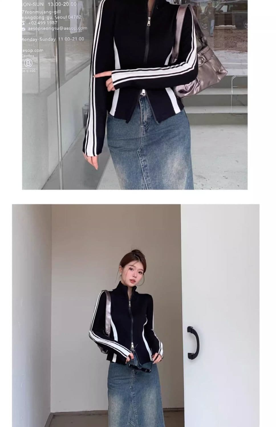 40 92 면 8 암모니아 Lun 흑인과 백인 패치워크 색상 지퍼 오픈 가디건 여성 가을 겨울 몸매 가꾸기 기본 셔츠 맨위 빅 사이즈 m-4xl 상세 이미지 5