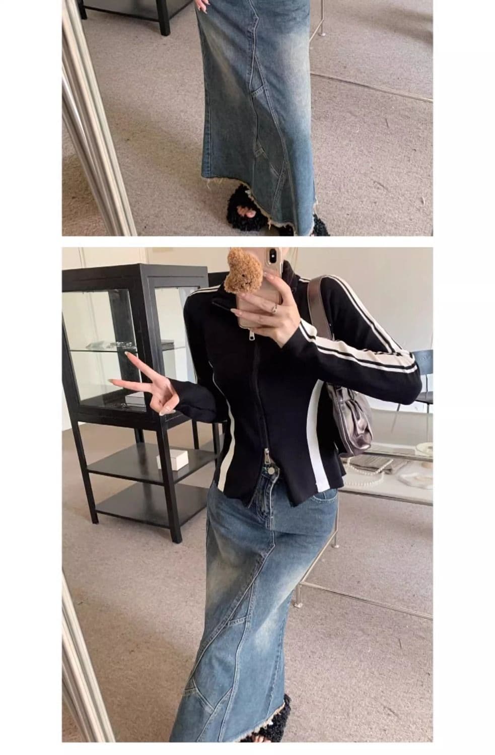 40 92 면 8 암모니아 Lun 흑인과 백인 패치워크 색상 지퍼 오픈 가디건 여성 가을 겨울 몸매 가꾸기 기본 셔츠 맨위 빅 사이즈 m-4xl 상세 이미지 13