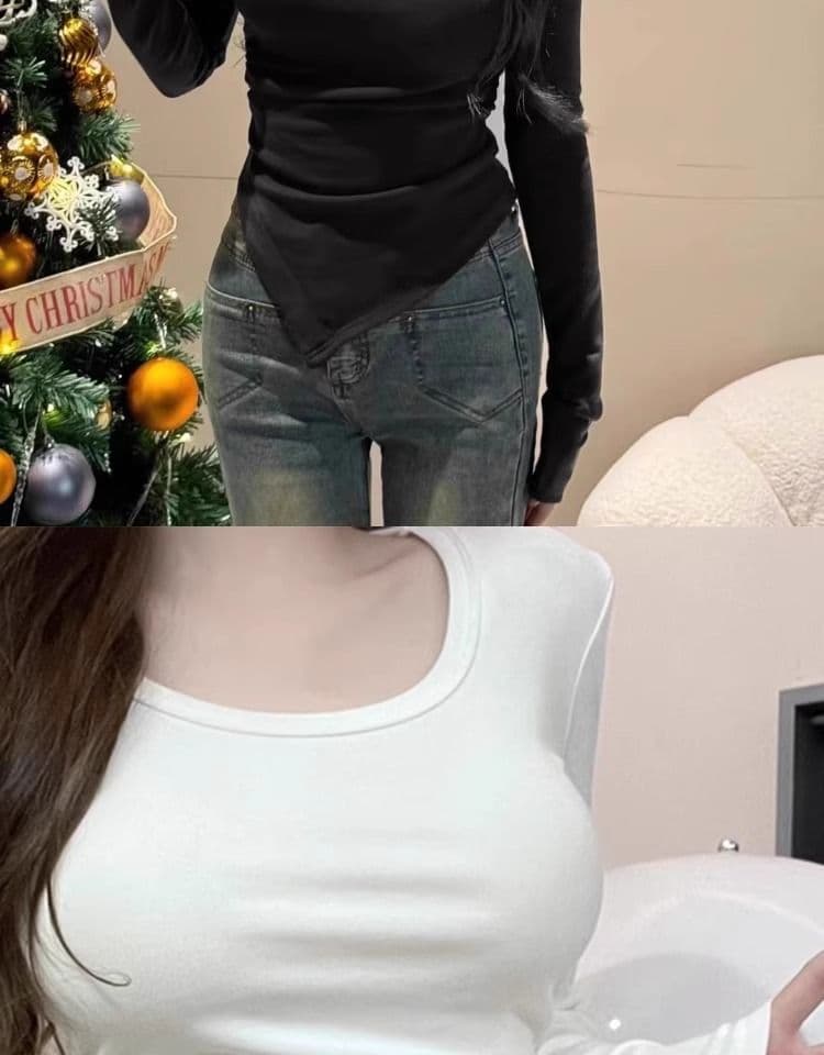 De 플러시 핫걸 u 칼라 쇄골 맨위 긍정적 인 어깨 인사이드 가져 가라. 긴팔 기본 셔츠 타이트 슬림해 보이는 티셔츠 여성 빅 사이즈 m-4xl 상세 이미지 3