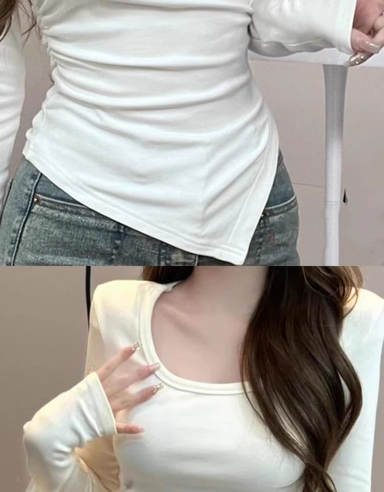 De 플러시 핫걸 u 칼라 쇄골 맨위 긍정적 인 어깨 인사이드 가져 가라. 긴팔 기본 셔츠 타이트 슬림해 보이는 티셔츠 여성 빅 사이즈 m-4xl 상세 이미지 4