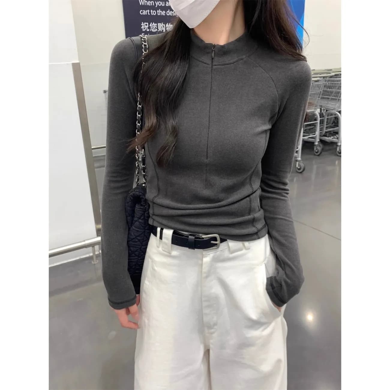 De 플러시 티셔츠 반하이넥 지퍼 맨위 디자인 센스 생선뼈 긴팔 인사이드 가져 가라. 핫걸 기본 셔츠 빅 사이즈 m-4xl 이미지 4