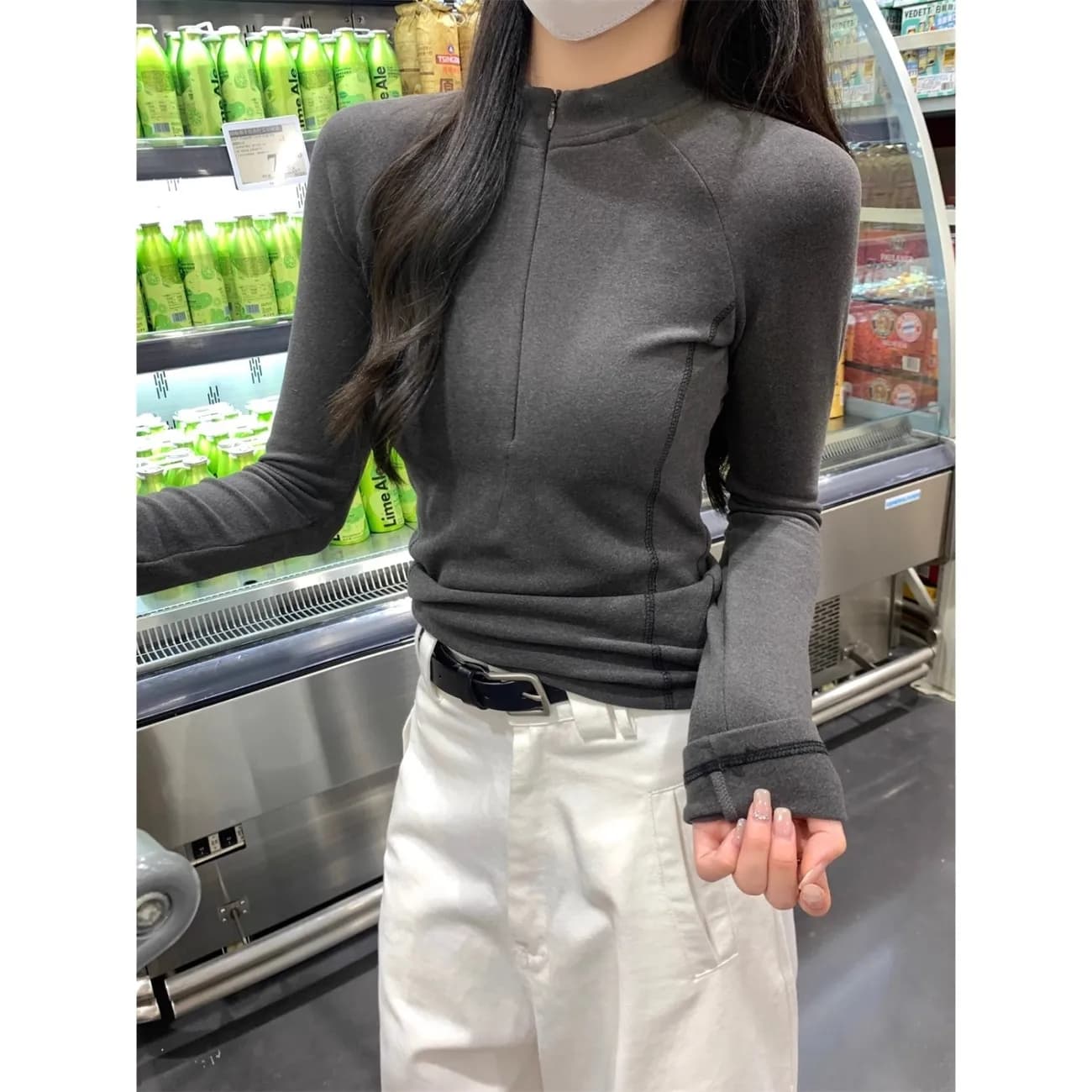 De 플러시 티셔츠 반하이넥 지퍼 맨위 디자인 센스 생선뼈 긴팔 인사이드 가져 가라. 핫걸 기본 셔츠 빅 사이즈 m-4xl 이미지 2