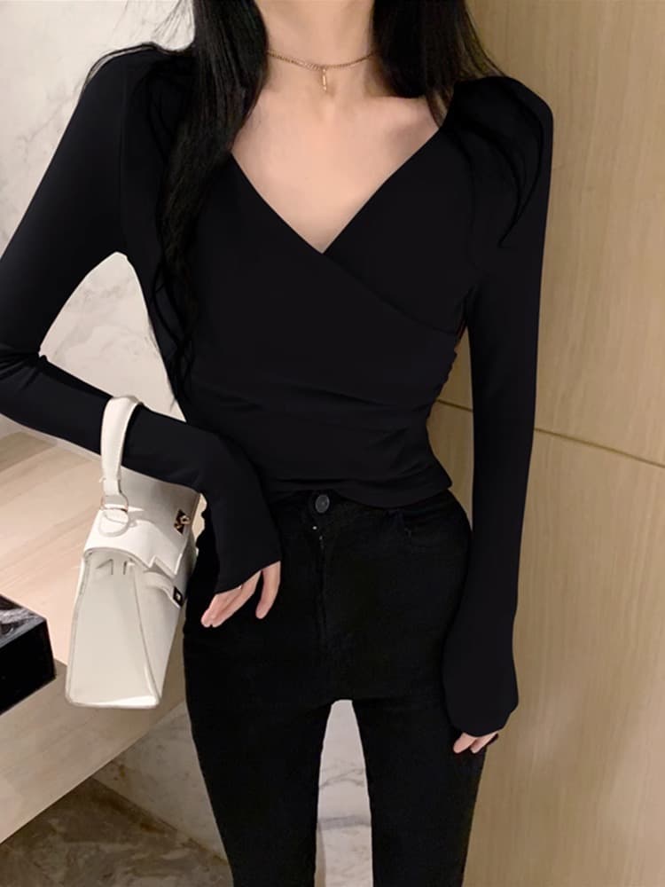 가을 겨울 흔들어서 톤 품질 디자인 센스 V넥 새로운 기본 셔츠 털이 있는 맨위 긴팔 티셔츠 여성 빅 사이즈 m-4xl 이미지 3