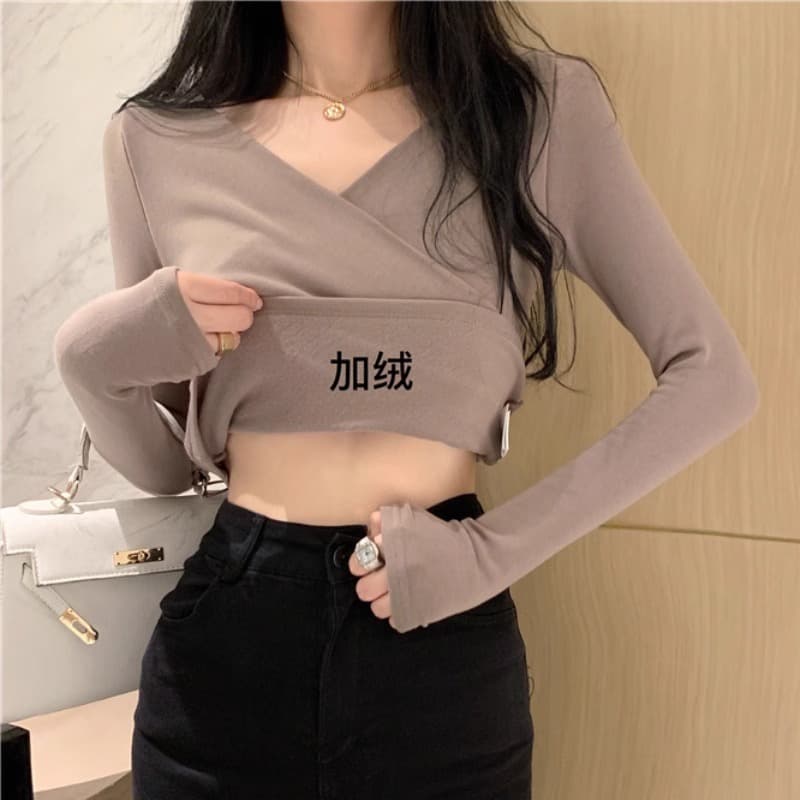 가을 겨울 흔들어서 톤 품질 디자인 센스 V넥 새로운 기본 셔츠 털이 있는 맨위 긴팔 티셔츠 여성 빅 사이즈 m-4xl 상세 이미지 2