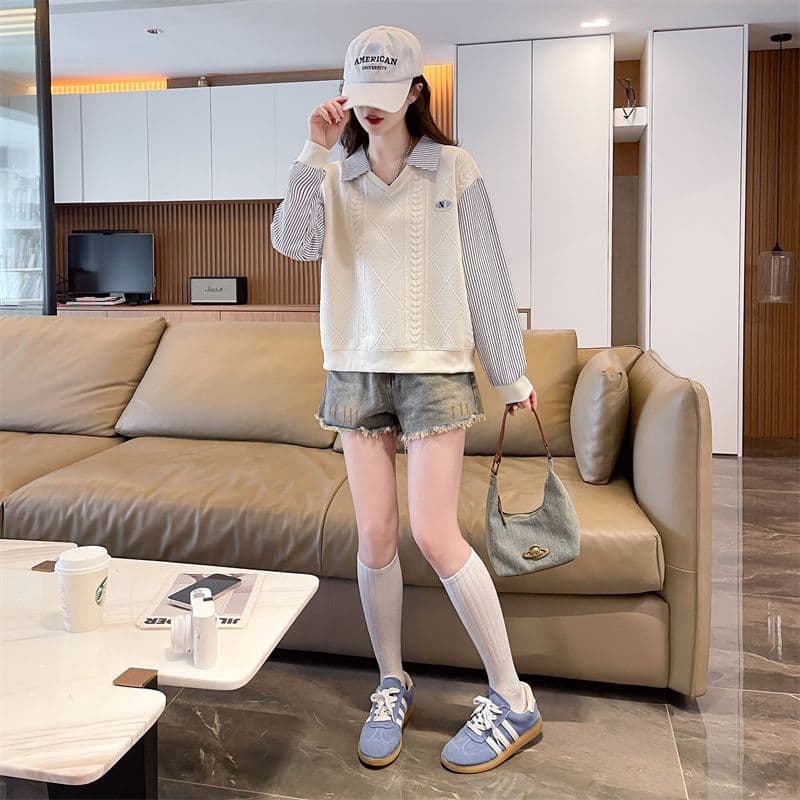 실사 2026 가을 의상 새로운 학원 스타일 외국 가스 다용도 긴팔 얇은 스타일 페이크 레이어드 후드티 여성 상세 이미지 3