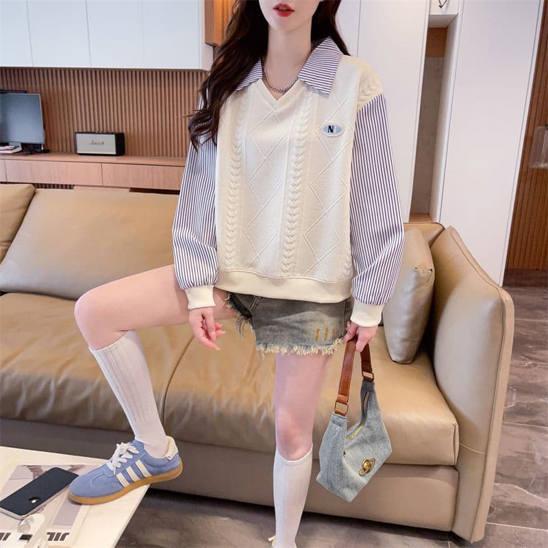 실사 2026 가을 의상 새로운 학원 스타일 외국 가스 다용도 긴팔 얇은 스타일 페이크 레이어드 후드티 여성 상세 이미지 9