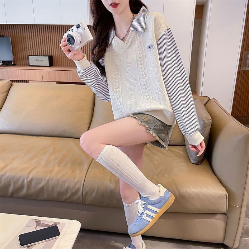 실사 2026 가을 의상 새로운 학원 스타일 외국 가스 다용도 긴팔 얇은 스타일 페이크 레이어드 후드티 여성 상세 이미지 12