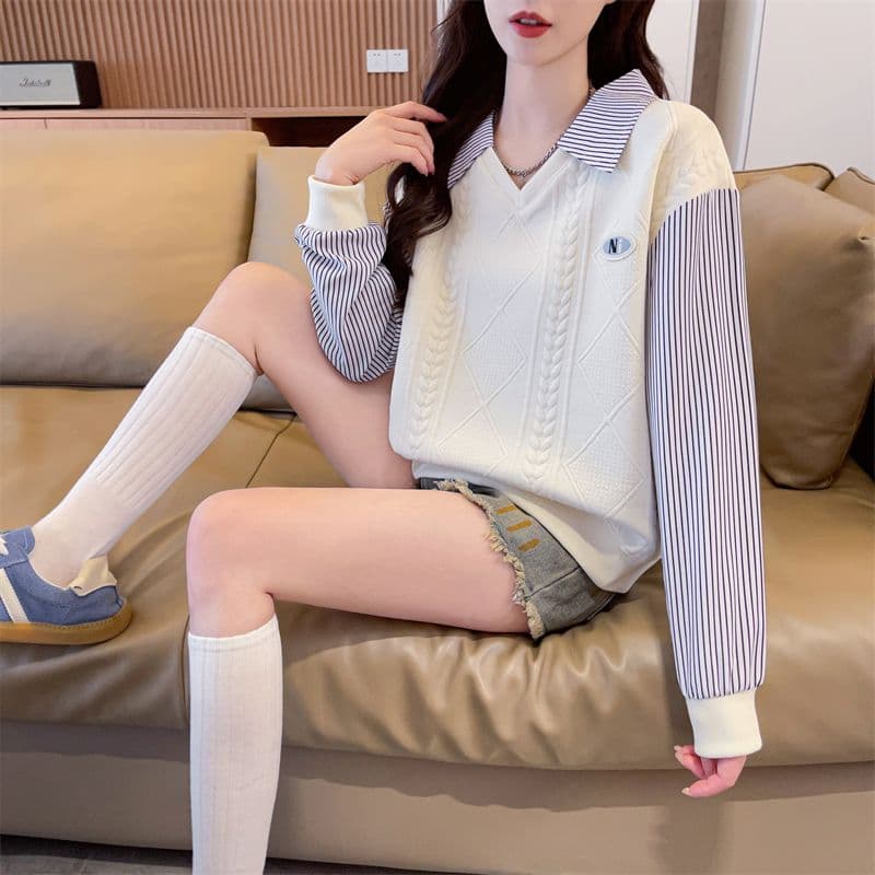 실사 2026 가을 의상 새로운 학원 스타일 외국 가스 다용도 긴팔 얇은 스타일 페이크 레이어드 후드티 여성 상세 이미지 14