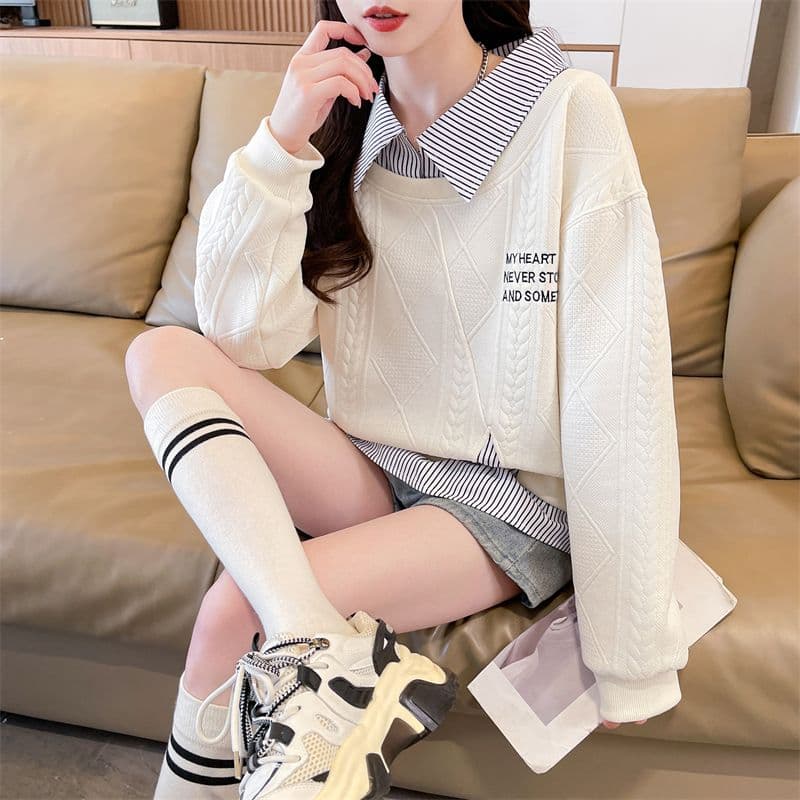 실사 2026 가을 의상 새로운 느긋한 바람 페이크 레이어드 패치워크 셔츠 빅 사이즈 루즈핏 긴팔 맨위 후드티 여성 이미지 4