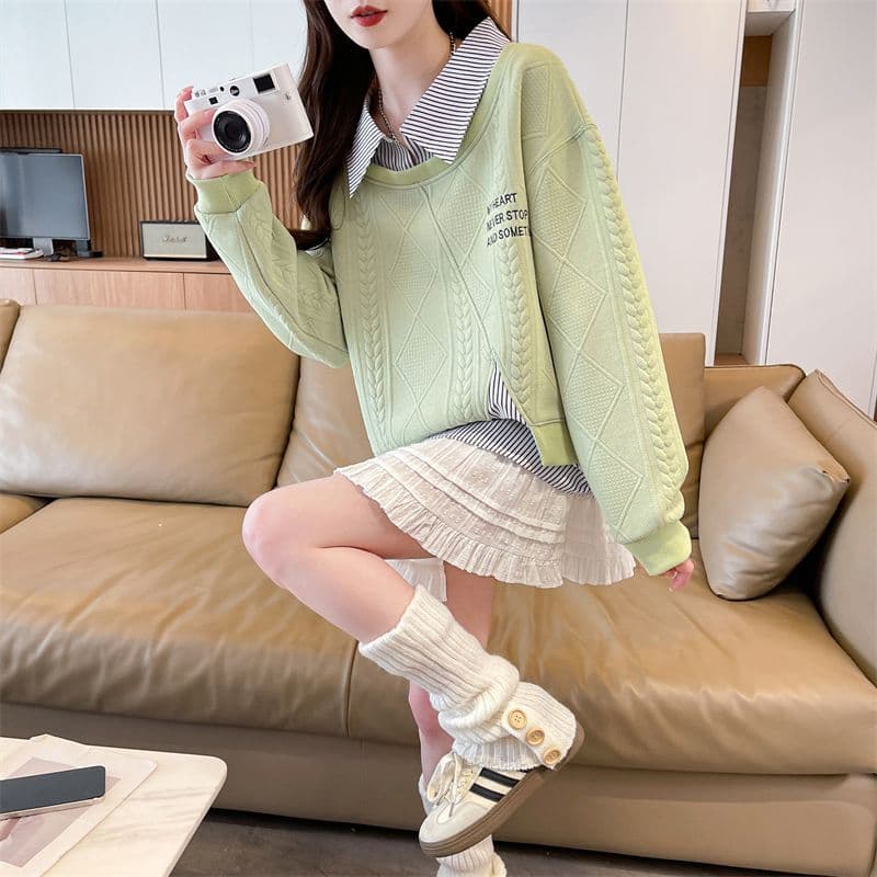 실사 2026 가을 의상 새로운 느긋한 바람 페이크 레이어드 패치워크 셔츠 빅 사이즈 루즈핏 긴팔 맨위 후드티 여성 이미지 3