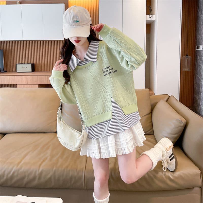 실사 2026 가을 의상 새로운 느긋한 바람 페이크 레이어드 패치워크 셔츠 빅 사이즈 루즈핏 긴팔 맨위 후드티 여성 상세 이미지 4