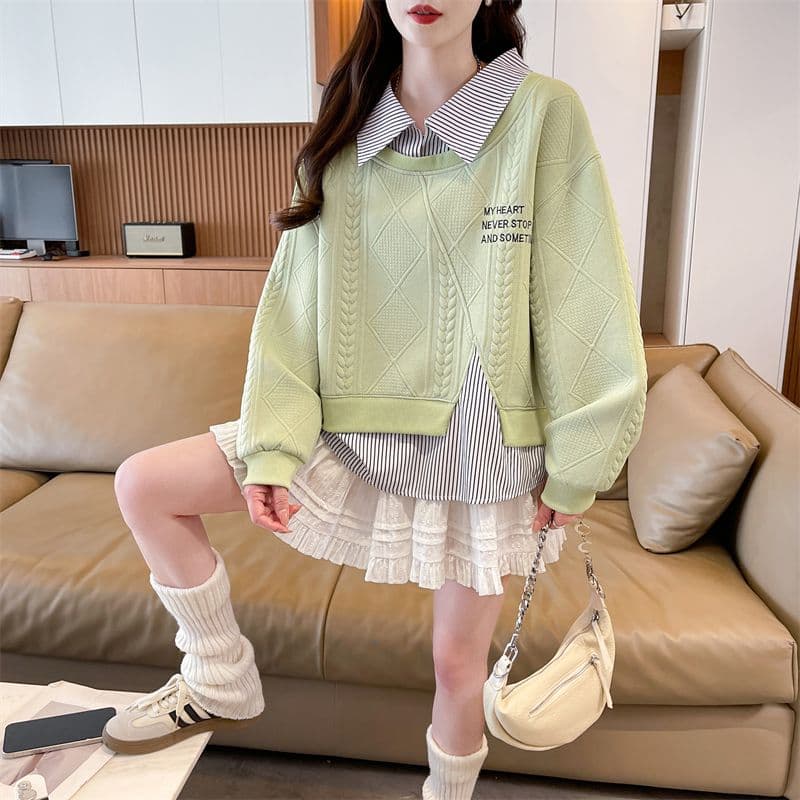 실사 2026 가을 의상 새로운 느긋한 바람 페이크 레이어드 패치워크 셔츠 빅 사이즈 루즈핏 긴팔 맨위 후드티 여성 상세 이미지 6