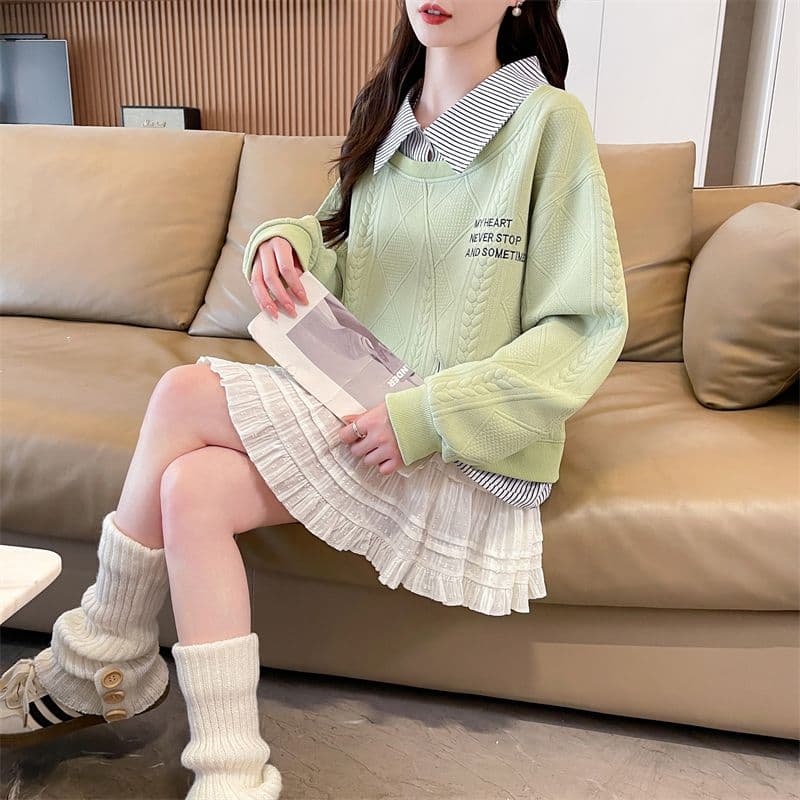 실사 2026 가을 의상 새로운 느긋한 바람 페이크 레이어드 패치워크 셔츠 빅 사이즈 루즈핏 긴팔 맨위 후드티 여성 상세 이미지 10
