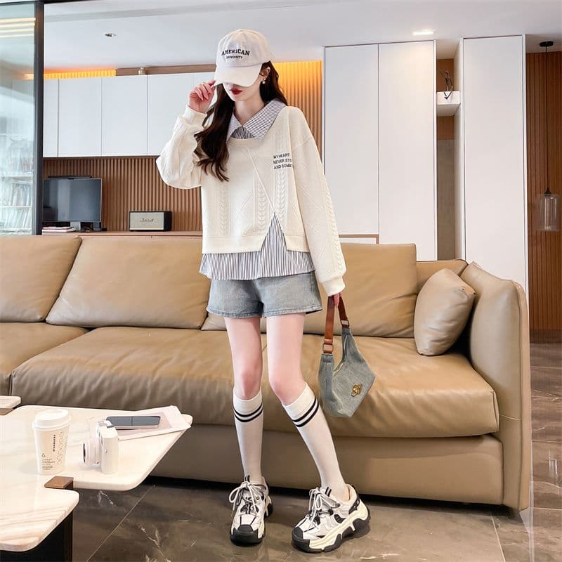 실사 2026 가을 의상 새로운 느긋한 바람 페이크 레이어드 패치워크 셔츠 빅 사이즈 루즈핏 긴팔 맨위 후드티 여성 상세 이미지 11