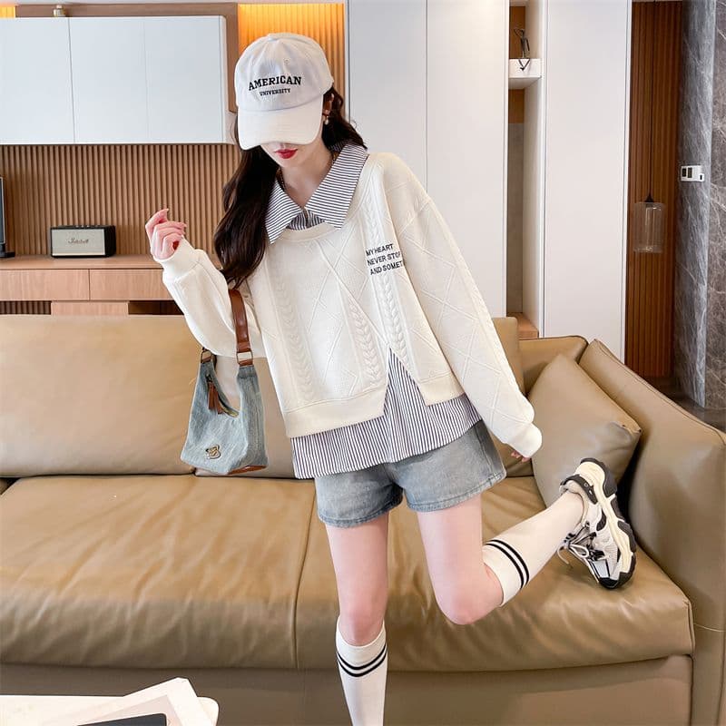 실사 2026 가을 의상 새로운 느긋한 바람 페이크 레이어드 패치워크 셔츠 빅 사이즈 루즈핏 긴팔 맨위 후드티 여성 상세 이미지 12