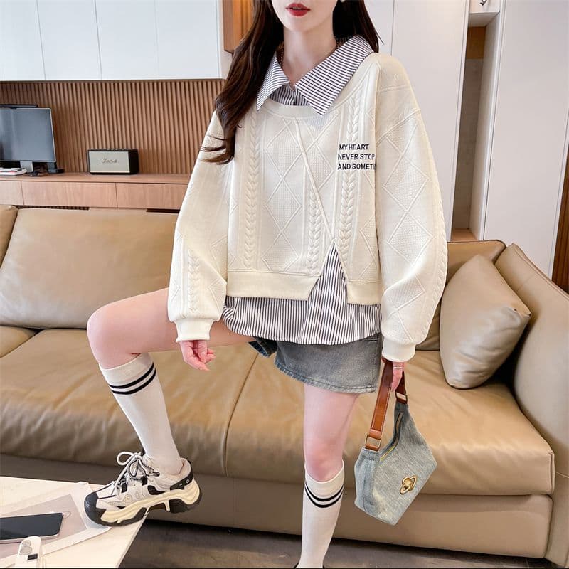 실사 2026 가을 의상 새로운 느긋한 바람 페이크 레이어드 패치워크 셔츠 빅 사이즈 루즈핏 긴팔 맨위 후드티 여성 상세 이미지 18