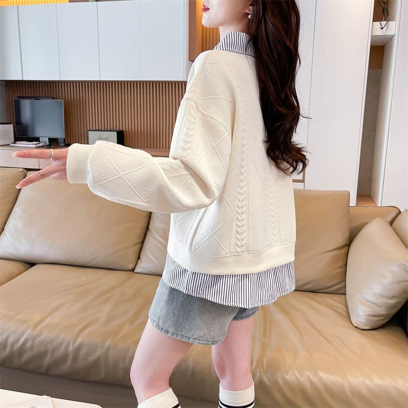 실사 2026 가을 의상 새로운 느긋한 바람 페이크 레이어드 패치워크 셔츠 빅 사이즈 루즈핏 긴팔 맨위 후드티 여성 상세 이미지 21