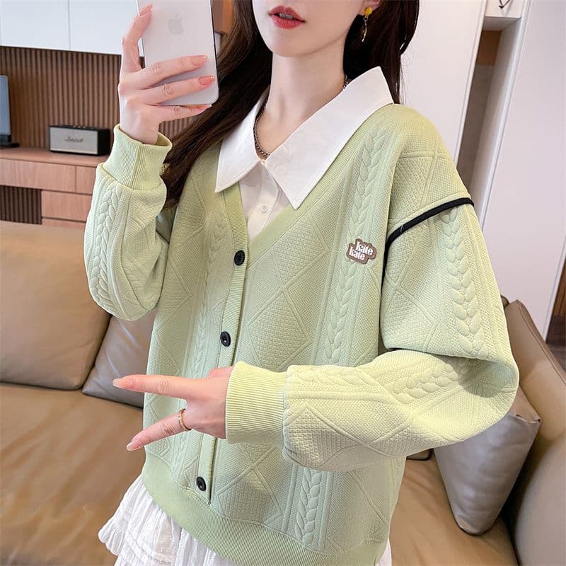 실사 2026 가을 겨울 새로운 작은 키 연령 감소 느긋한 바람 빅 사이즈 페이크 레이어드 POLO 칼라 맨위 후드티 여성 상세 이미지 8