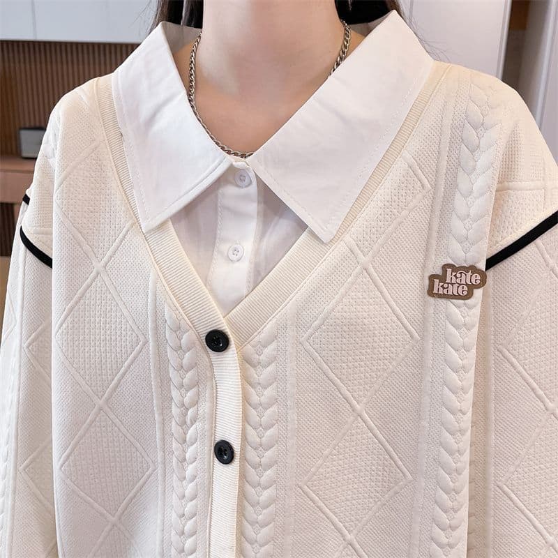 실사 2026 가을 겨울 새로운 작은 키 연령 감소 느긋한 바람 빅 사이즈 페이크 레이어드 POLO 칼라 맨위 후드티 여성 상세 이미지 11