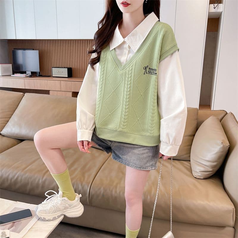 실사 2026 가을 겨울 새로운 배색 POLO 칼라 셔츠 작은 키 고급 센스 페이크 레이어드 후드티 여성 이미지 3