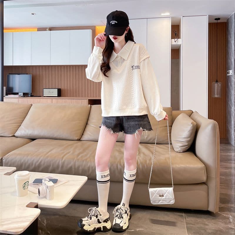 실사 2026 가을 겨울 새로운 배색 POLO 칼라 셔츠 작은 키 고급 센스 페이크 레이어드 후드티 여성 상세 이미지 11