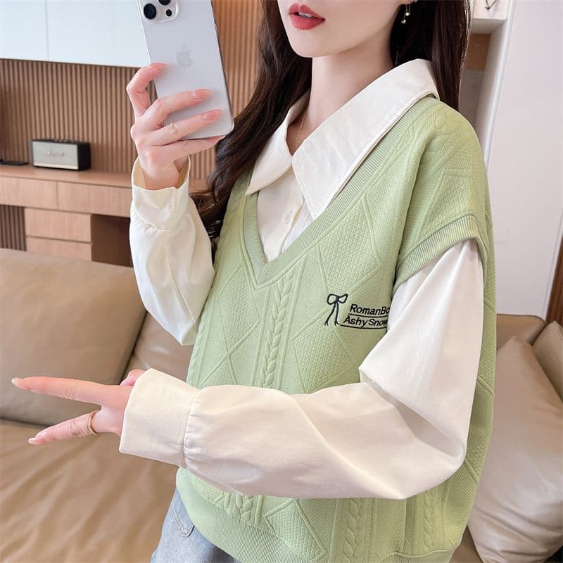 실사 2026 가을 겨울 새로운 배색 POLO 칼라 셔츠 작은 키 고급 센스 페이크 레이어드 후드티 여성 상세 이미지 27