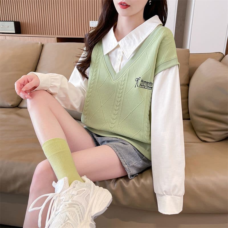 실사 2026 가을 겨울 새로운 배색 POLO 칼라 셔츠 작은 키 고급 센스 페이크 레이어드 후드티 여성 상세 이미지 30