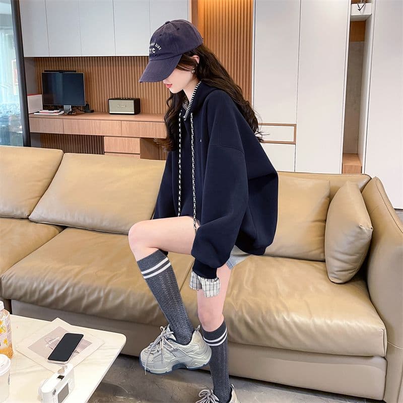 실사 2026 가을 겨울 한국 스타일 루즈핏 패션 학원 스타일 체크무늬 패치워크 후드 루즈핏 후드티 여성 상세 이미지 4