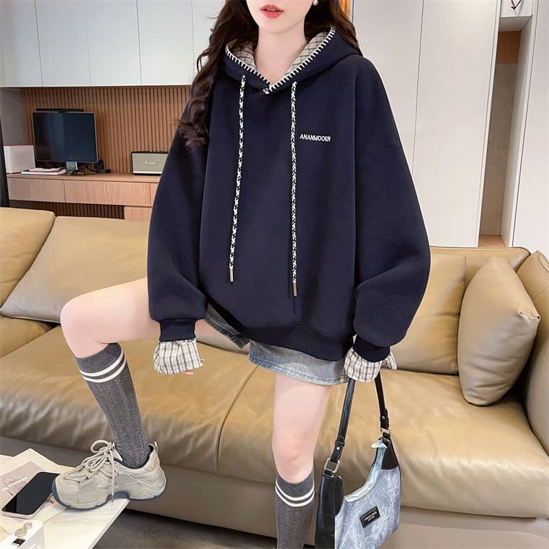 실사 2026 가을 겨울 한국 스타일 루즈핏 패션 학원 스타일 체크무늬 패치워크 후드 루즈핏 후드티 여성 상세 이미지 5