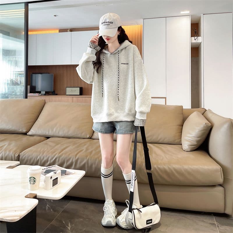 실사 2026 가을 겨울 한국 스타일 루즈핏 패션 학원 스타일 체크무늬 패치워크 후드 루즈핏 후드티 여성 상세 이미지 15