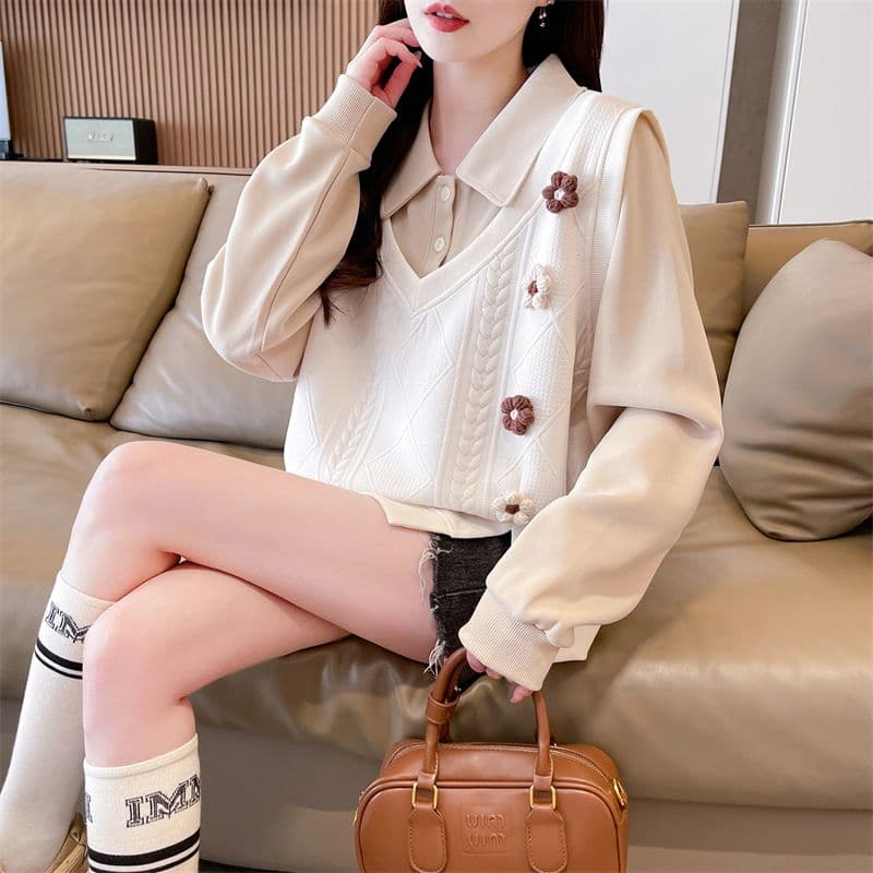 실사 2026 가을 겨울 새로운 배색 POLO 칼라 셔츠 작은 키 꽃 페이크 레이어드 맨위 후드티 여성 상세 이미지 22