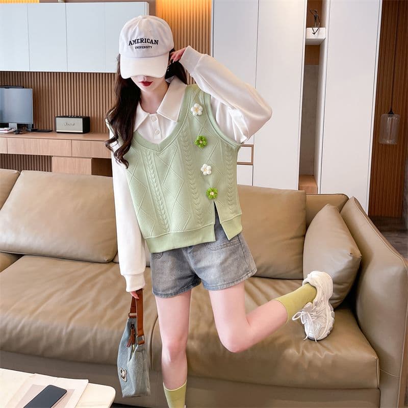 실사 2026 가을 겨울 새로운 배색 POLO 칼라 셔츠 작은 키 꽃 페이크 레이어드 맨위 후드티 여성 상세 이미지 24