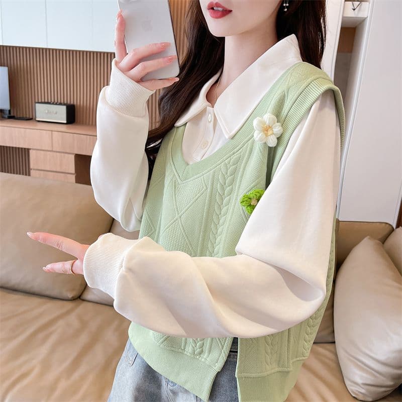 실사 2026 가을 겨울 새로운 배색 POLO 칼라 셔츠 작은 키 꽃 페이크 레이어드 맨위 후드티 여성 상세 이미지 27