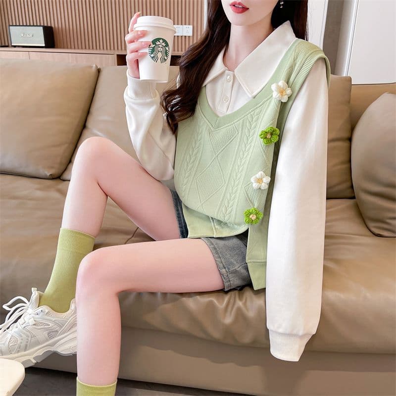 실사 2026 가을 겨울 새로운 배색 POLO 칼라 셔츠 작은 키 꽃 페이크 레이어드 맨위 후드티 여성 상세 이미지 30
