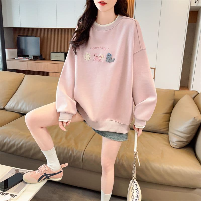 실사 2026 가을 겨울 새로운 느긋한 바람 디자인 센스 루즈핏 한국 스타일 빅 사이즈 페이크 레이어드 달콤한 자매 후드티 여성 상세 이미지 17