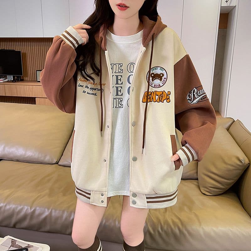 실사 2026 가을 겨울 새로운 후아 면 복합 우유 실크 야구 유니폼 패치워크 색상 후드 단추 펌프 로프 후드티 여성 상세 이미지 16