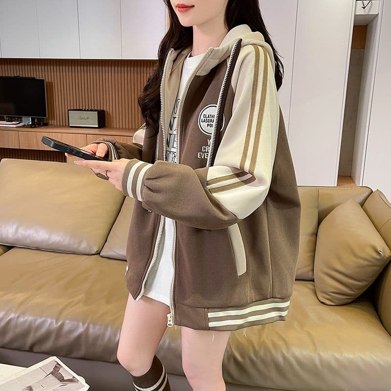 실사 2026 가을 겨울 새로운 후아 면 복합 우유 실크 지퍼 재킷 패치워크 색상 후드 펌프 로프 맨위 후드티 여성 상세 이미지 9