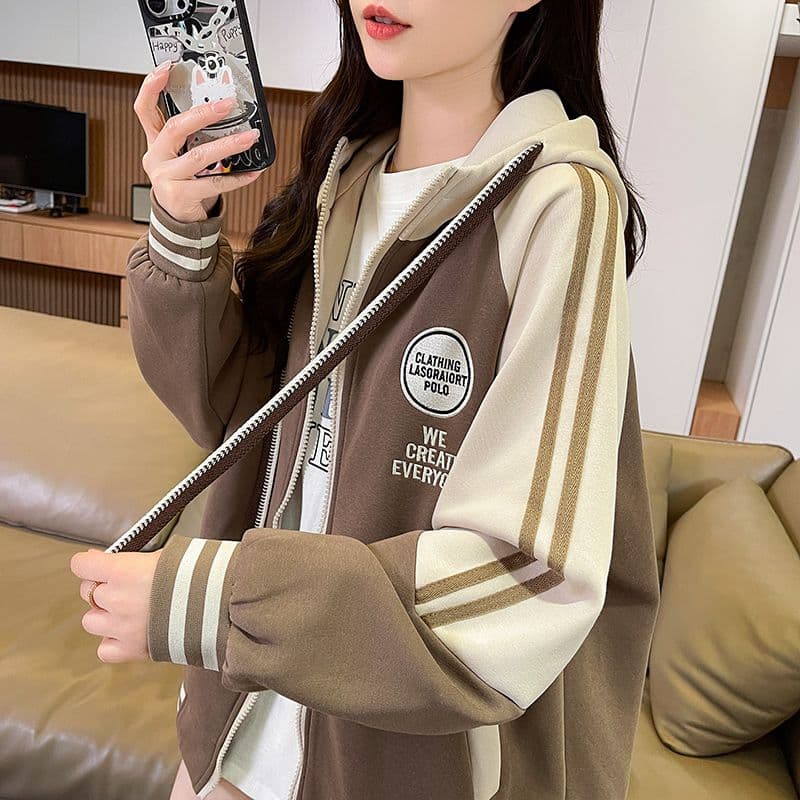 실사 2026 가을 겨울 새로운 후아 면 복합 우유 실크 지퍼 재킷 패치워크 색상 후드 펌프 로프 맨위 후드티 여성 상세 이미지 10