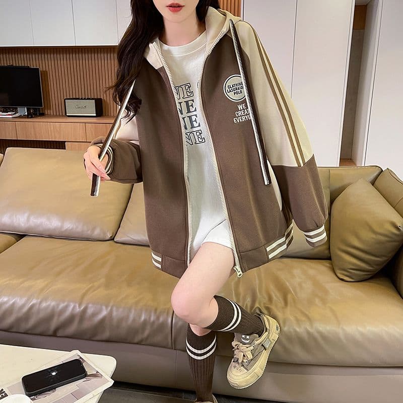 실사 2026 가을 겨울 새로운 후아 면 복합 우유 실크 지퍼 재킷 패치워크 색상 후드 펌프 로프 맨위 후드티 여성 상세 이미지 12