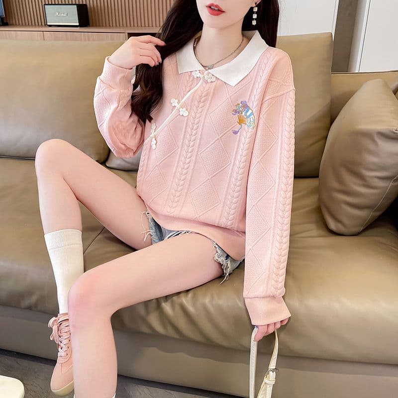 실사 2026 가을 겨울 새로운 자수 빅 사이즈 디자인 센스 POLO 칼라 미니멀리즘 풀오버 연령 감소 맨위 후드티 여성 상세 이미지 10