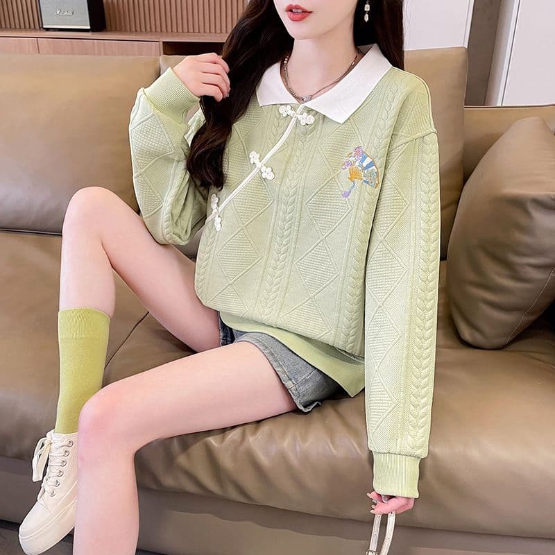 실사 2026 가을 겨울 새로운 자수 빅 사이즈 디자인 센스 POLO 칼라 미니멀리즘 풀오버 연령 감소 맨위 후드티 여성 상세 이미지 18